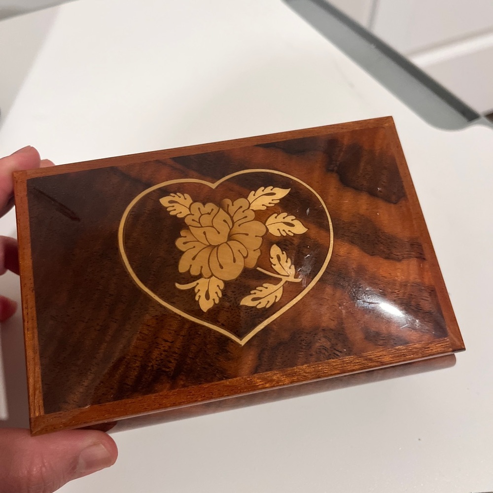Music Wooden Box with Heart and Floral Inlay
